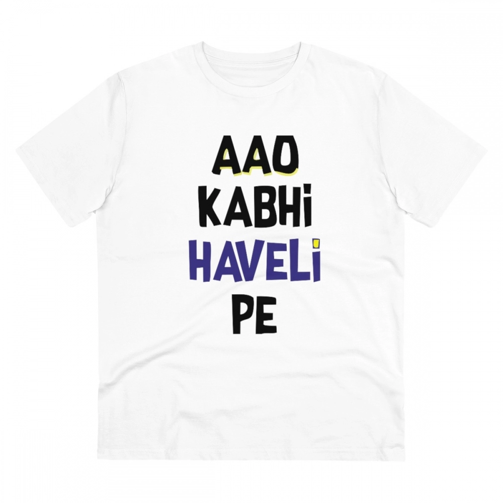 52059827457_4e5f428b72_o_d-1000x1000-1.webp Men's PC Cotton Aao Kabhi Haveli Pe Printed T Shirt (Color: White, Thread Count: 180GSM) - Image 1