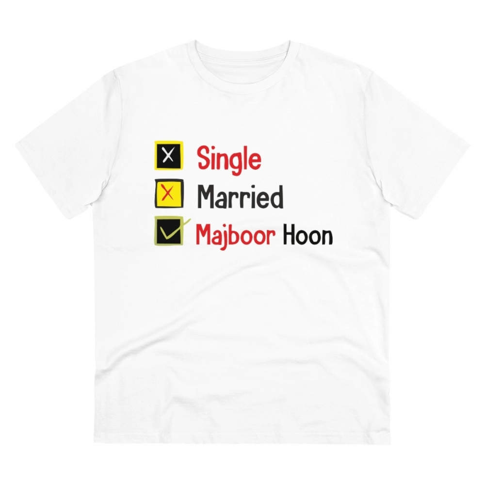 52061076609_da9115520b_o_d-1000x1000-1.webp Men's PC Cotton Single Married Majbur Printed T Shirt (Color: White, Thread Count: 180GSM) - Image 1