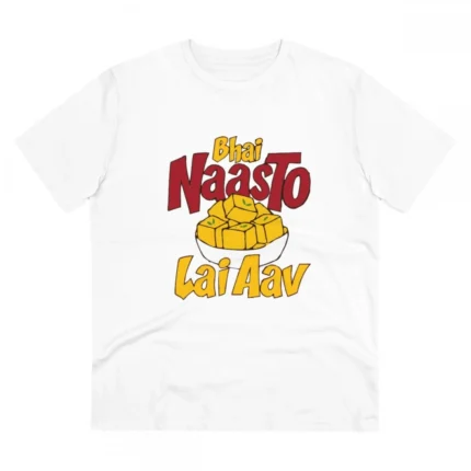 Men's PC Cotton Bhai Nasto Lai Aav Printed T Shirt (Color: White, Thread Count: 180GSM)