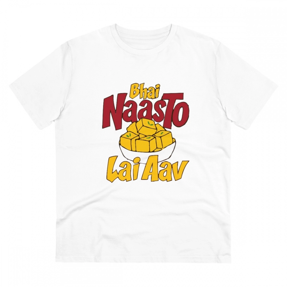 52061086199_29e69162eb_o_d-1000x1000-1.webp Men's PC Cotton Bhai Nasto Lai Aav Printed T Shirt (Color: White, Thread Count: 180GSM) - Image 1