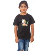 Girls Cotton Unicorn Face Half Sleeve TShirt (Black) - Image 4