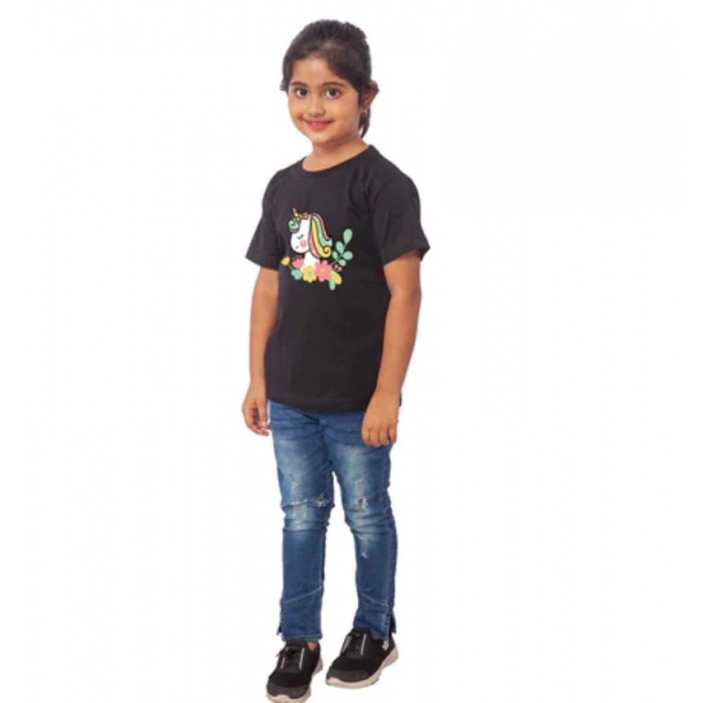 52321606818_a8386e47cf_o_d-1000x1000-1.webp Girls Cotton Unicorn Face Half Sleeve TShirt (Black) - Image 1