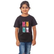 Girls Cotton Cat Half Sleeve TShirt (Black) - Image 4