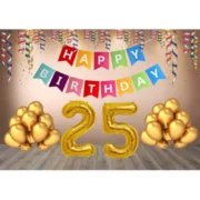 25Th Happy Birthday Decoration Combo With Multi Color Banner (Golden)