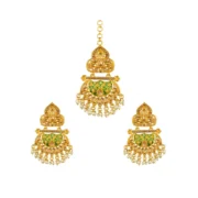 Women's Rose Gold Plated Alloy Kundan Earrings & Mangtikka (Green) - Image 5