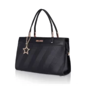 Women's Faux Leather Textured Adjustable Long Belt Handbag (Black) - Image 4