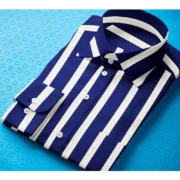 Men's Cotton Blended Striped Full Sleeve Shirt (White-Blue) - Image 3