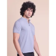 Men's Casual Cotton Solid Half Sleeve Mandarin Collar T-Shirt (Teegrey) - Image 4
