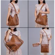 Women's PU Leather Medium Shoulder Zipper Handbag (Brown) - Image 4