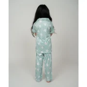 Girl's Silk Bleand Printed Short Sleeve Night Suit Set (Light Green) - Image 4