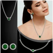Women's Stainless Steel Green Color Silver Chain Western Combo Jewelry (Silver Plated) - Image 2