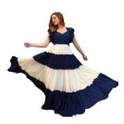 Women's Georgette Solid Half Sleeve Gown (Blue-White) - Image 3