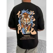 Men's Casual Cotton Blend Printed Round Neck Half Sleeve T-Shirt (Black)