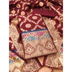 Women's Banarasi Silk Printed Unstitched Salwar Suit Material With Dupatta (Maroon, 3Mtrs)