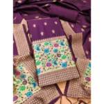 Women's Banarasi Silk Printed Unstitched Salwar Suit Material With Dupatta (Wine, 3Mtrs)