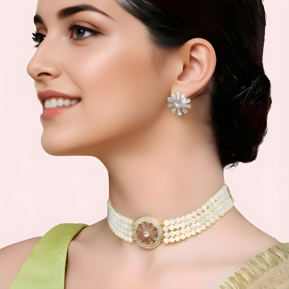 NLSgXyJawBtd2VzPCgHgAv2RvJVHvNiun9ysQiwz.png Floral Pearl Choker Necklace & Stud Earrings Set - Image 1