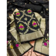 Women's Banarasi Silk Printed Unstitched Salwar Suit Material With Dupatta (Black, 3Mtrs)