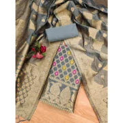 Women's Banarasi Silk Printed Unstitched Salwar Suit Material With Dupatta (Grey, 3Mtrs) - Image 4