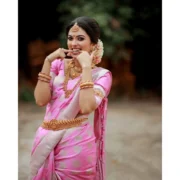 Women's Soft Lichi Silk Printed Saree With Unstitched Blouse 5.5Mtr (Pink) - Image 2