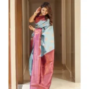 Women's Soft Lichi Silk Printed Saree With Unstitched Blouse 5.5Mtr (Light-Blue) - Image 2