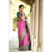Women's Soft Lichi Silk Printed Saree With Unstitched Blouse 5.5Mtr (Pink) - Image 2