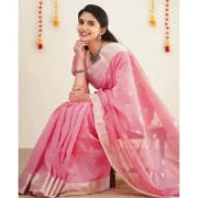 Women's Soft Lichi Silk Printed Saree With Unstitched Blouse 5.5Mtr (Pink) - Image 2