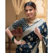Women's Soft Lichi Silk Printed Saree With Unstitched Blouse 5.5Mtr (Blue) - Image 2