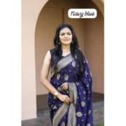Women's Soft Lichi Silk Printed Saree With Unstitched Blouse 5.5Mtr (Navy Blue) - Image 2