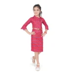 Girl's Knitted Printed 3/4 th Sleeve Close Neck Dress (Pink)