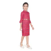 Girl's Knitted Printed 3/4 th Sleeve Close Neck Dress (Pink) - Image 3