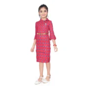 Girl's Knitted Printed 3/4 th Sleeve Close Neck Dress (Pink) - Image 2