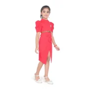 Girl's Cotton Lycra Soild Short Sleeve Close Neck Dress (Pink) - Image 4