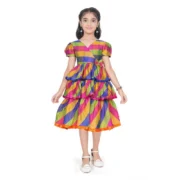 Girl's Taffeta Silk Striped Short Sleeve V Neck Dress (Multicolor) - Image 4