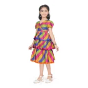 Girl's Taffeta Silk Striped Short Sleeve V Neck Dress (Multicolor) - Image 2