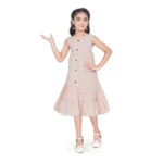 Girl's Slub Printed Sleeve Less Round Neck Dress (Brown)