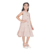 Girl's Slub Printed Sleeve Less Round Neck Dress (Brown) - Image 2