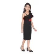 Girl's Knitted Soild Sleeve Less Off Shoulder Dress (Black) - Image 2