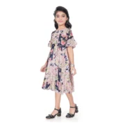 Girl's Shiffon Printed Half Sleeve Round Neck Dress (Peach) - Image 3
