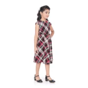 Girl's Lycra Checks Striped Short Sleeve Round Neck Dress (Pink) - Image 2