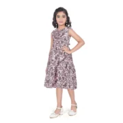 Girl's Digital Slub Printed Sleeve Less Round Neck Dress (Brown) - Image 4