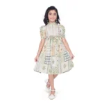 Girl's Digital Knitted Printed Half Sleeve Close Neck Dress (Light Green)