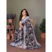 Women's Chiffon Printed Saree With Unstitched Blouse 5.5Mtr (Grey) - Image 2