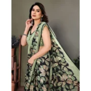 Women's Chiffon Printed Saree With Unstitched Blouse 5.5Mtr (Green) - Image 3