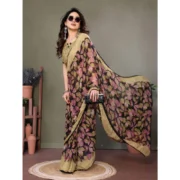 Women's Chiffon Printed Saree With Unstitched Blouse 5.5Mtr (Beige) - Image 2