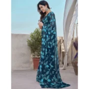 Women's Chiffon Printed Saree With Unstitched Blouse 5.5Mtr (Blue) - Image 3