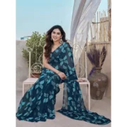 Women's Chiffon Printed Saree With Unstitched Blouse 5.5Mtr (Blue) - Image 2