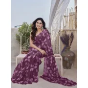 Women's Chiffon Printed Saree With Unstitched Blouse 5.5Mtr (Purple) - Image 3