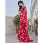 Women's Chiffon Printed Saree With Unstitched Blouse 5.5Mtr (Red) - Image 4