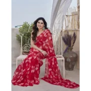Women's Chiffon Printed Saree With Unstitched Blouse 5.5Mtr (Red) - Image 2