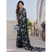 Women's Chiffon Printed Saree With Unstitched Blouse 5.5Mtr (Black) - Image 2